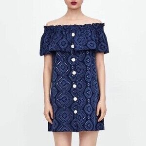 Zara Dark Blue Rubberised Ruffle Off Shoulder Dress